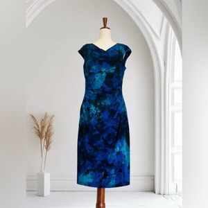 Ralph Lauren Blue Abstract Floral Ruched Wrap Dress Size 10